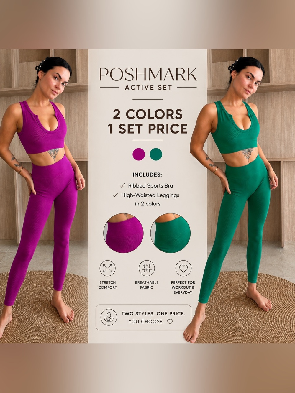 Poshmark Ribbed Sports Bra & High-Waisted Leggings Set - Purple & Green
